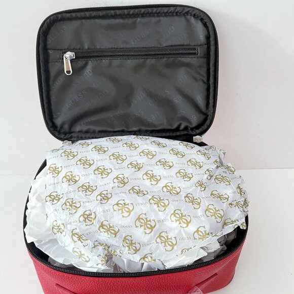 NEW GUESS Red Pebbled Faux Leather Travel Case & Makeup Bag Set - Picture 11 of 16